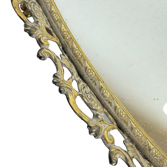 Vintage Oval Ornate Gold Metal Trimmed Mirrored Large Vanity Tray - Picture 2 of 5